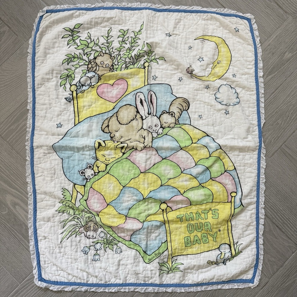 That's Our Baby Quilted Blanket Vintage 34 X42 Yellow White By Susan Pearl